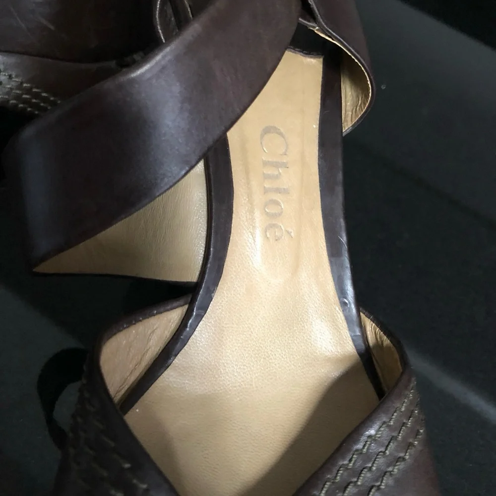 Chloé Brown Leather Platform Wedge Sandals 38.5 Made Italy Designer Heels - Picture 9 of 9